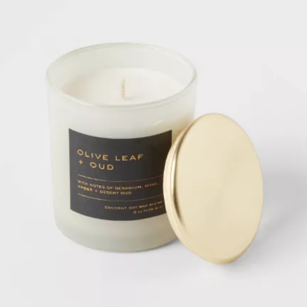 Olive Leaf + Oud Scented Candle - Gold and White